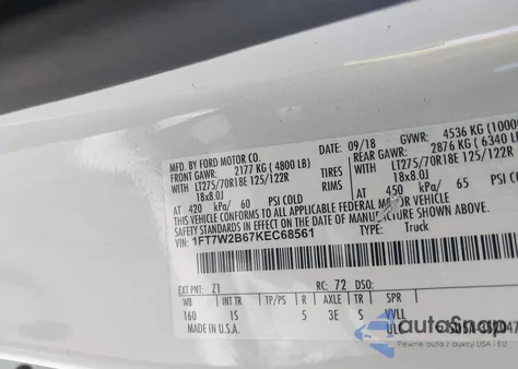 2019 Ford F-250 Xl from USA, damaged, VIN 1FT7W2B67KEC68561